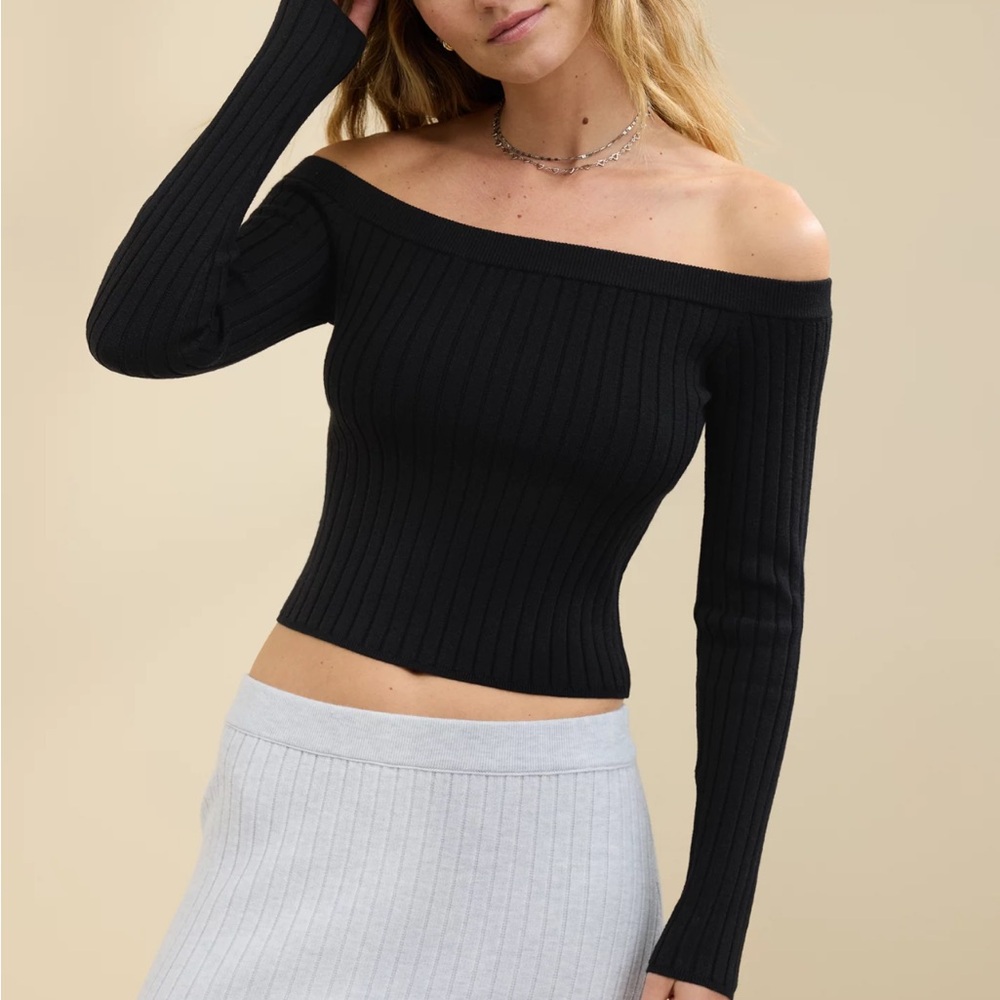 $50 BNWT Aerie Late Night Black Ribbed Off Shoulder Top